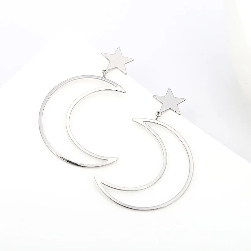 Women's Korean Personality All-match Copper Cast Geometric Stars Moon Pendant Earrings Gold Silver Color Jewelry 2017 New Gift |