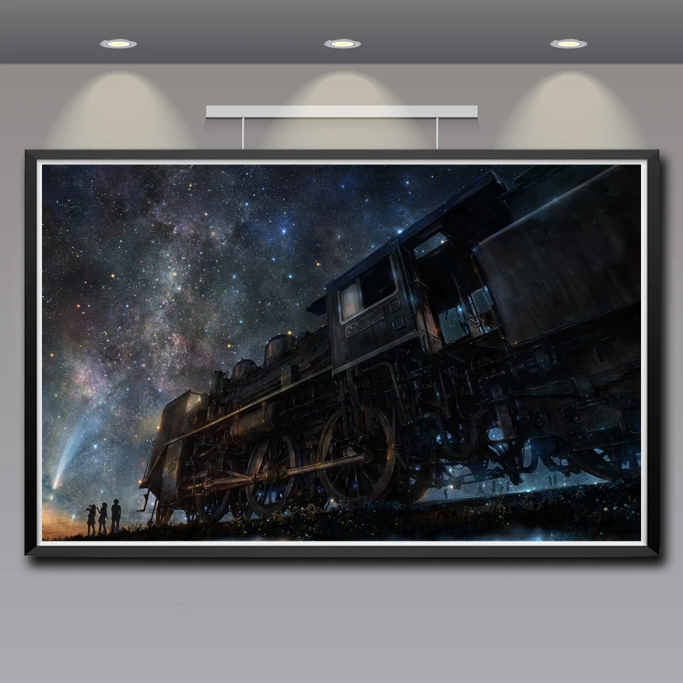 Поезд железная дорога ночные звезды аниме небо Фантастическое искусство
