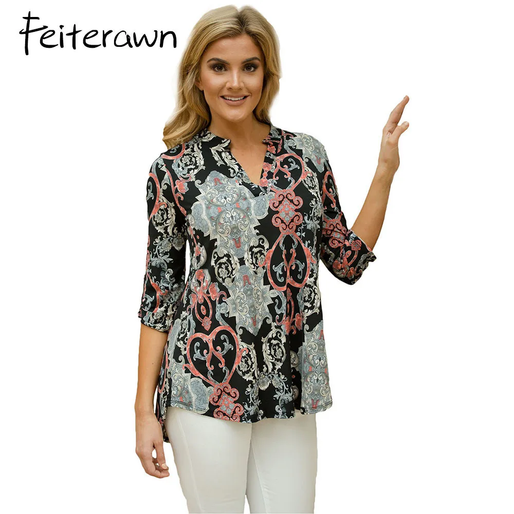 Feiterawn Floral Blouse Women Magenta Paisley Blossom Print Slight V Neck Blusas 2018 Lady Big Size Roll Up Sleeve Slit Blouses |
