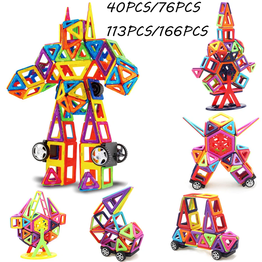 

166pcs Big Size Magnetic Building Blocks Triangle Square Brick designer Enlighten Bricks Magnetic Toys Free Stickers Gift DS19