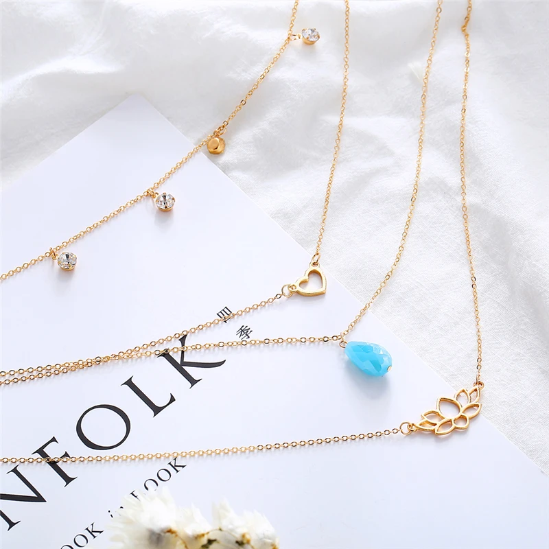 Мода золотой круглый камень многослойное ожерелье с подвеской для женщин