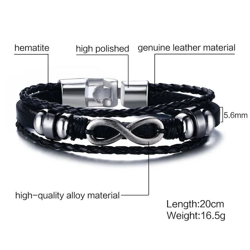 OMONDE Мужской 20 см черный из натуральной кожи веревочный браслет цепи Hematite бусы