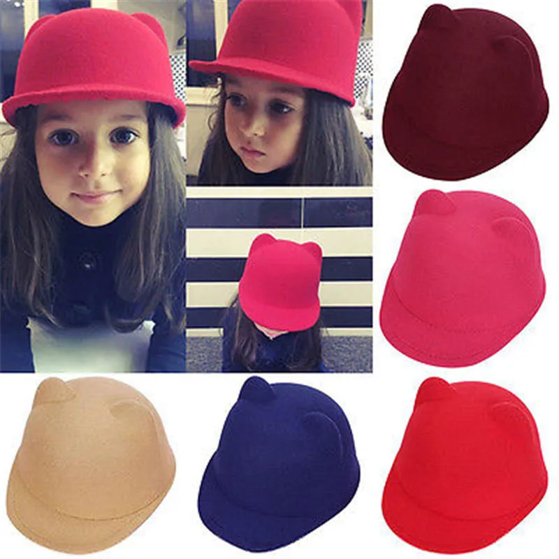 2019 New Winter Fashion Hip-hop Kids Baby Boy Girl Children Hats Warm Hat Cute Cat Ears Wool Derby Bowler Cap Hot 6 Colour | Детская