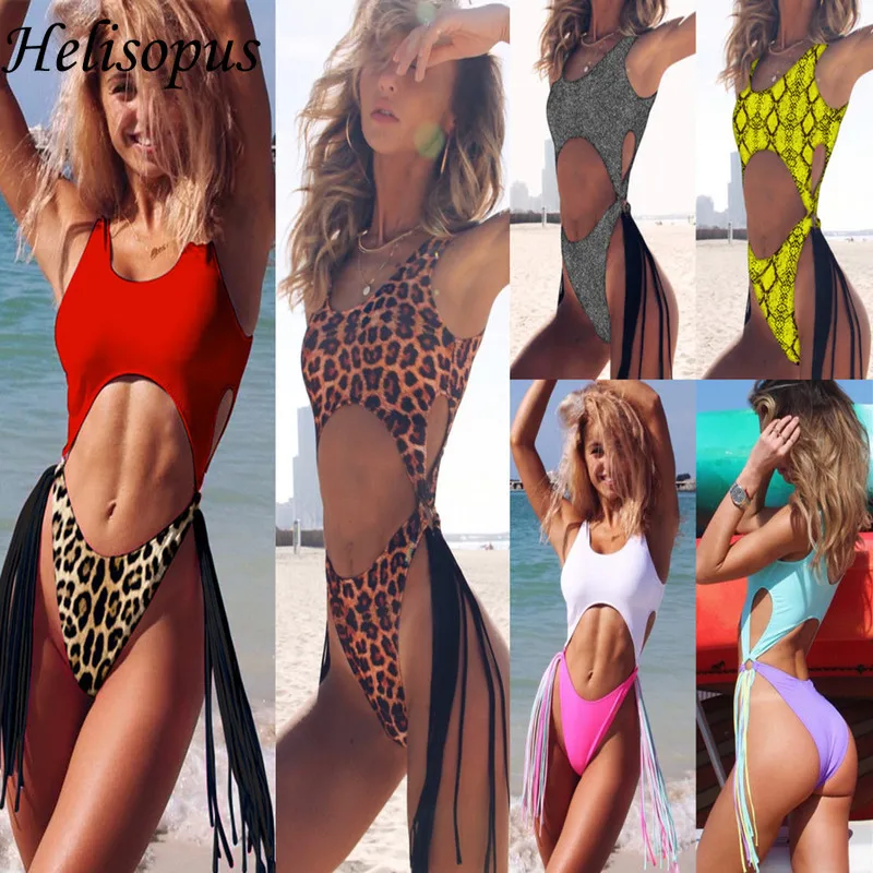 Цельный купальник с леопардовым принтом сексуальный высоким вырезом бикини