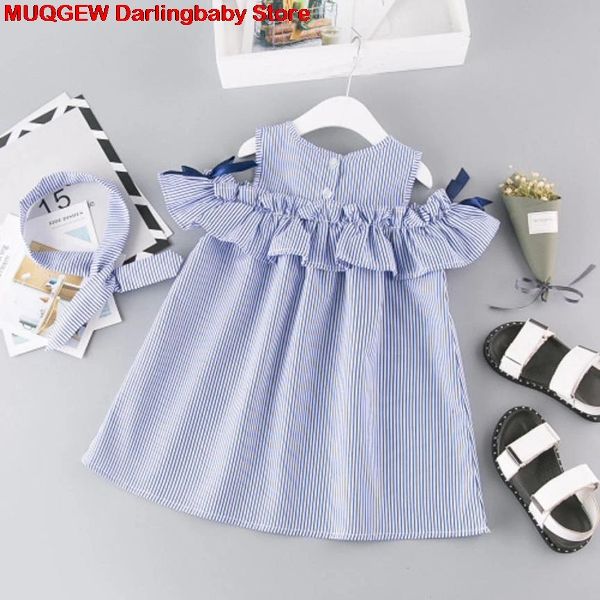 Новые Детские платья для девочек платье наряд без бретелек в полоску + оголовье