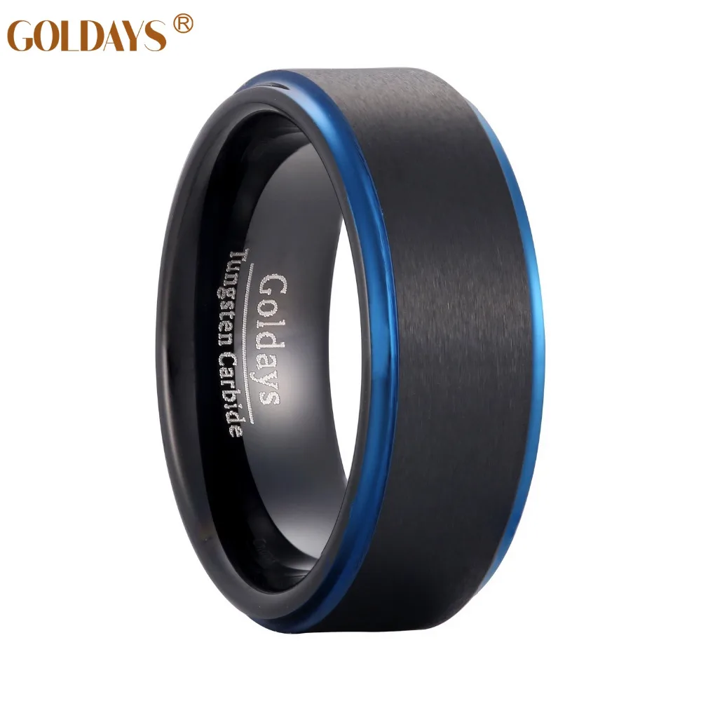 8 мм черный Вольфрам карбида обручальное кольцо с синий шагнул Край Матовый