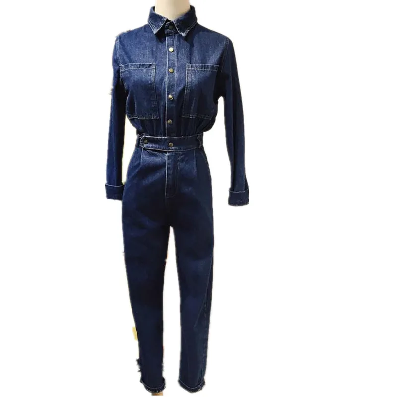 

2020 New elegant safari style denim jumpsuit blue jean pants Jumpsuit Bodysuit Women Denim Overalls Rompers