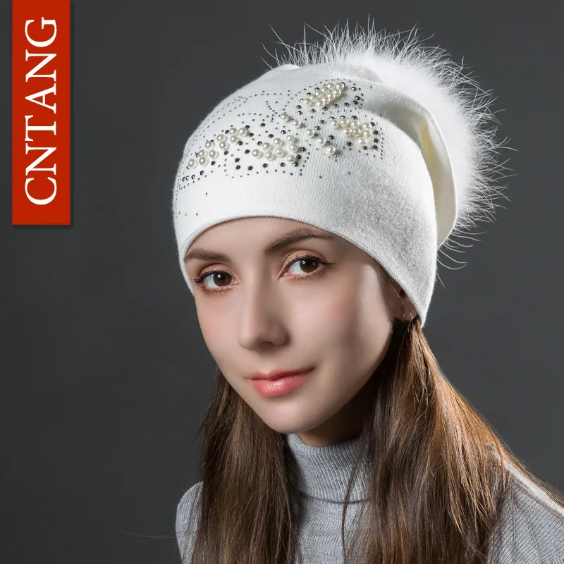 White White Pompom CNTANG Модные женские шапки с жемчужинами и бабочками, вязаные шерстяные вязаные шапки для осенне-зимнего сезона, теплые шапки с натуральным мехом, женские шапки с помпонами - Цвет: White White Pompom