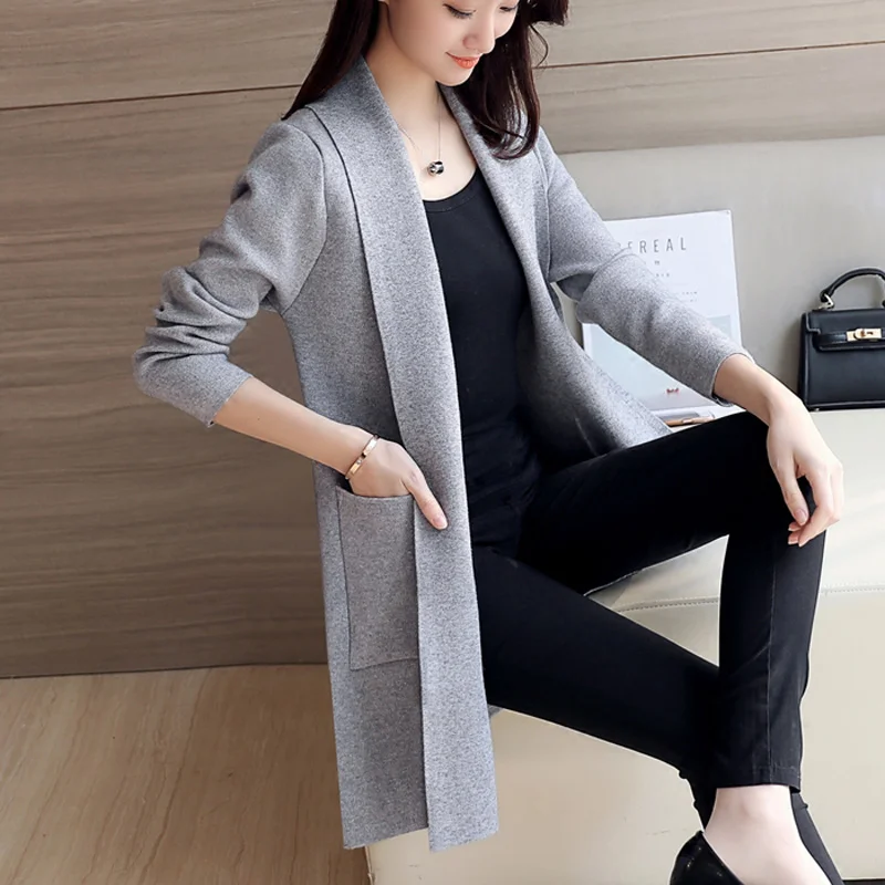 

Women Cardigan 2019 Autumn Winter Clothes Women Sweater Turn Down Collar Long Sleeve Knitwear Pockets Knit Outwear Open Cardigan