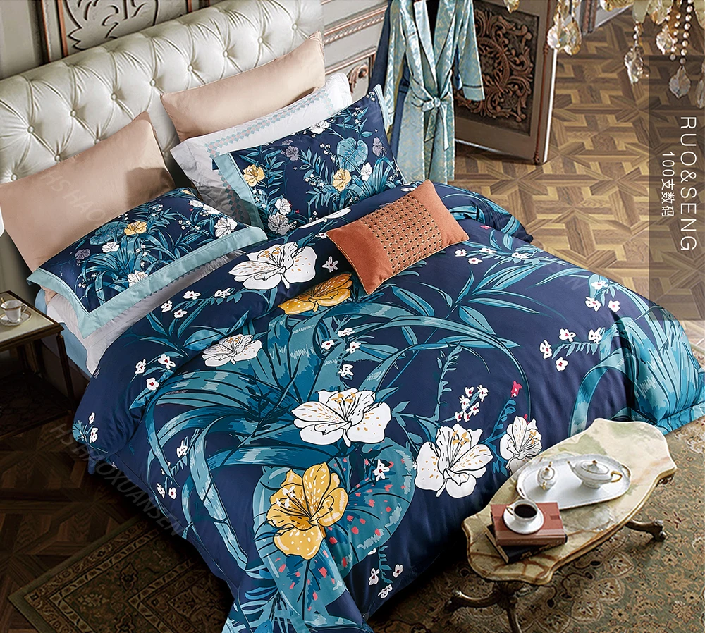 High Density 100S Bedding Sets Navy Blue Plant 3D Flower Printed 4pcs Bed Linen Set Cotton Double Bedsheet Set Queen King Size
