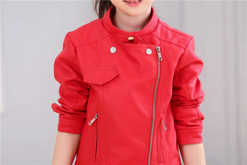 2018 Teenage Girls Pink faux leather jacket children's PU clothing Top for 3-10yrs kids zipper motorcycle outerwear red black | Детская