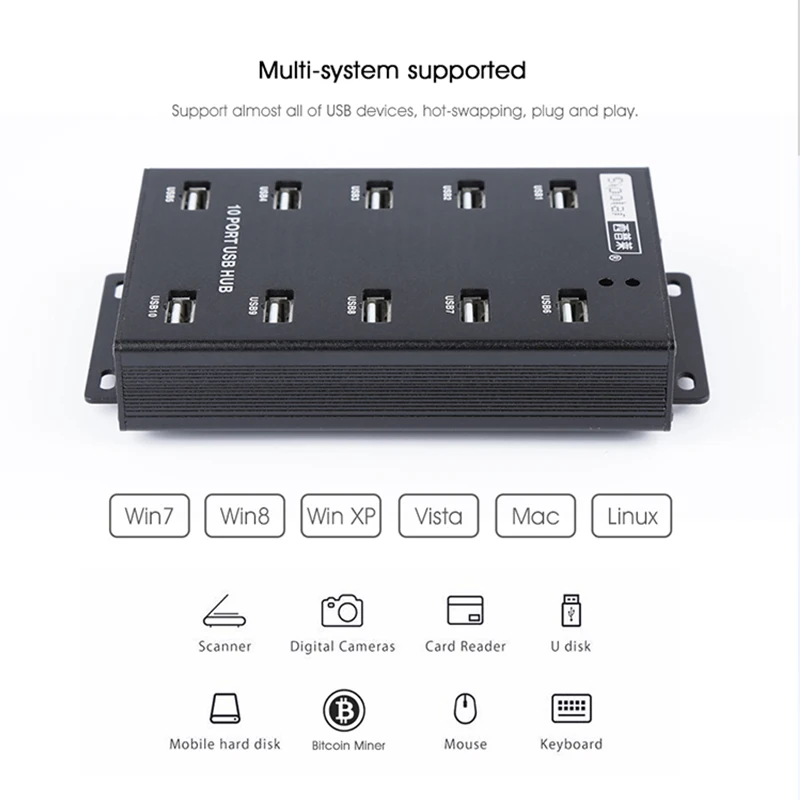 Sipolar 10 портов Промышленный Металлический usb 2 0 концентратор для майнинга
