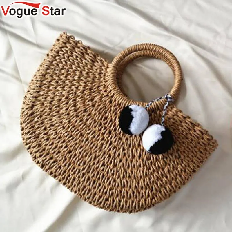 Женские сумки с помпоном Пляжная Плетеная соломенная сумка в форме Луны пляжная