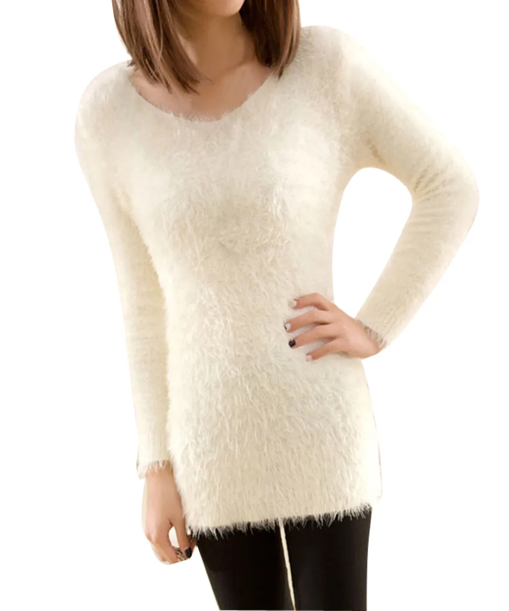 2019 New Women Korean Style Fluffy Mohair knitted Jumper Solid Color Long Sleeve V-neck Sweaters Pullover Pink sweater | Женская одежда