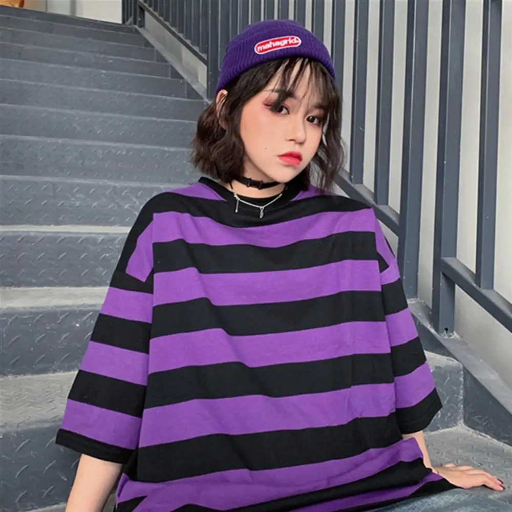 

New Ulzzang Harajuku Purple Black Striped Shirt Student Boyfriend Style Loose Short-sleeve T-shirt