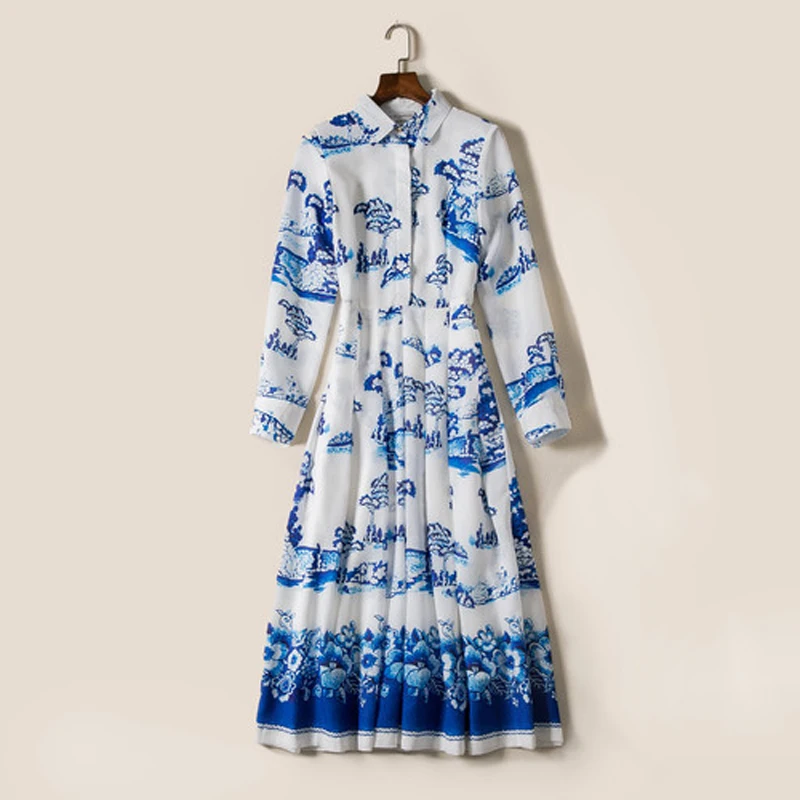 ВЫСОКОЕ КАЧЕСТВО Новые Моды 2017 Дизайнер Dress женская С Длинным Рукавом Синий