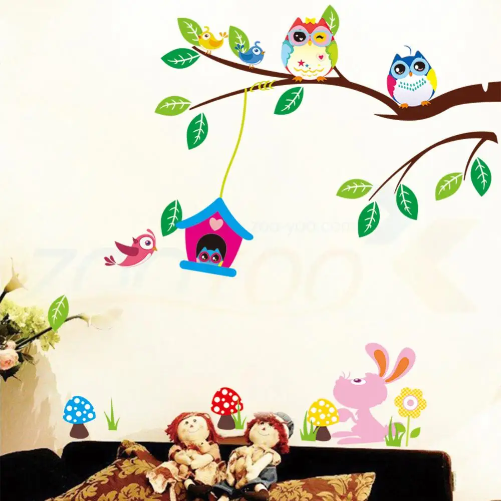 

Cute owls playing on trees wall stickers home decoration for kids rooms ZooYoo1017 removable pvc wall decals diy poster 5.0