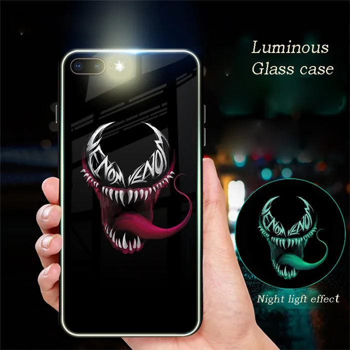 venom Горячая Бэтмен Супермен Спайдермен чехол в виде светящегося стекла для iphone 7 8 6 6s Plus X Xs XMax XR Мстители Черная пантера Железный человек крышка - Цвет: venom