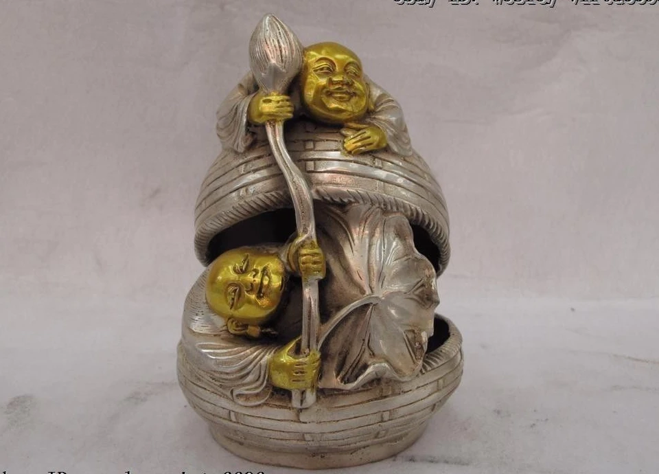 

6 Chinese Palace White Copper Silver Gild Lotus Hop Immortals God Budddha Statue