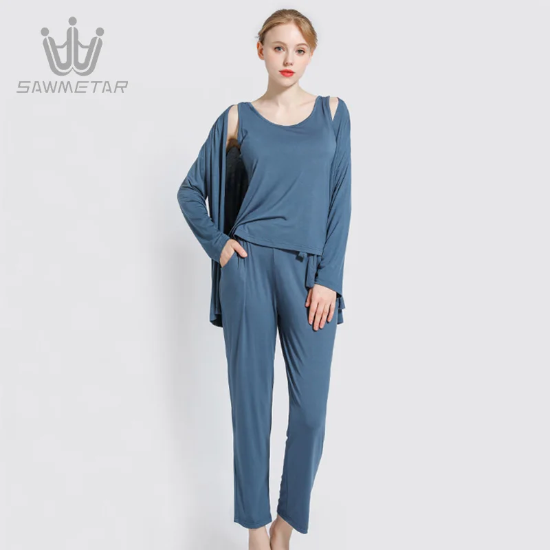 Woman Pajamas Three-piece Female Modal Long-sleeved Vest Thin Section Wear Casual Homewear suit Lady 2023 New Fashion Style