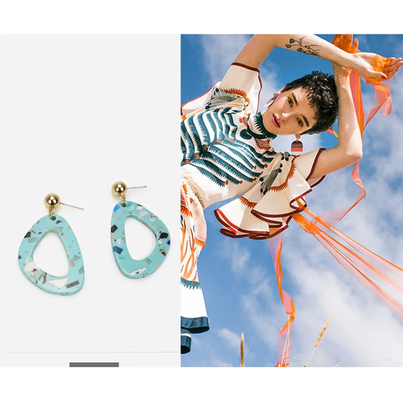 Женские серьги с мраморным камнем необычный дизайн разноцветное кольцо капля