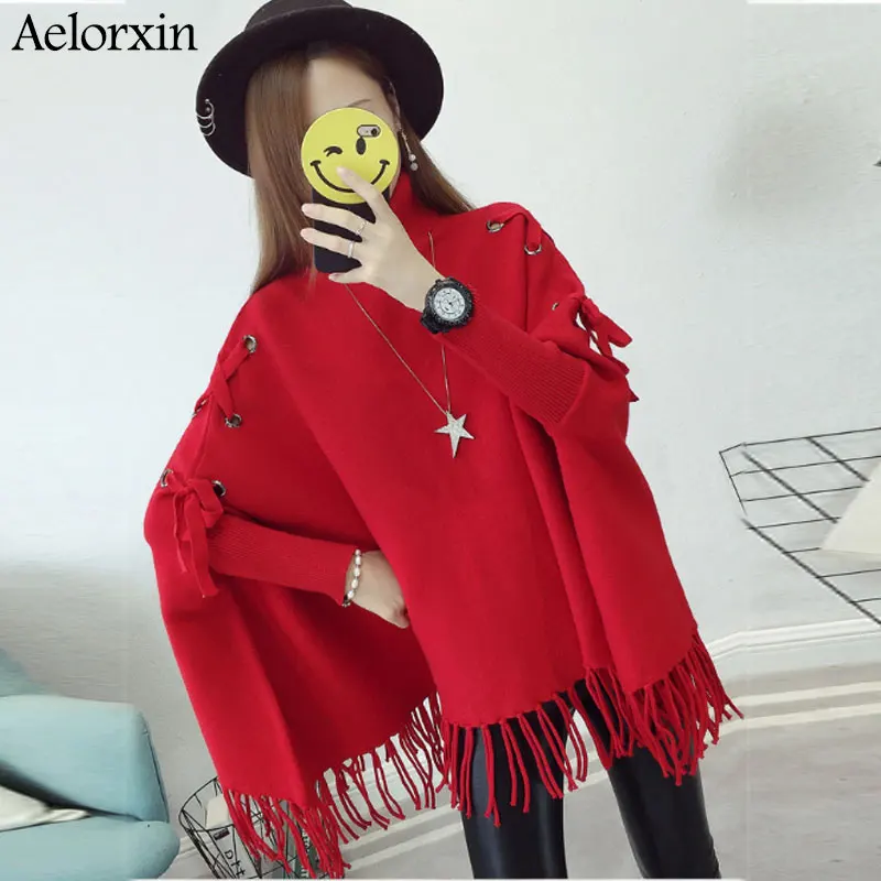 

sweater woman winter 2019 turtleneck Head Laceshawl cloak coat sweaterLoose slim fashion wild bat-type tassels sweater