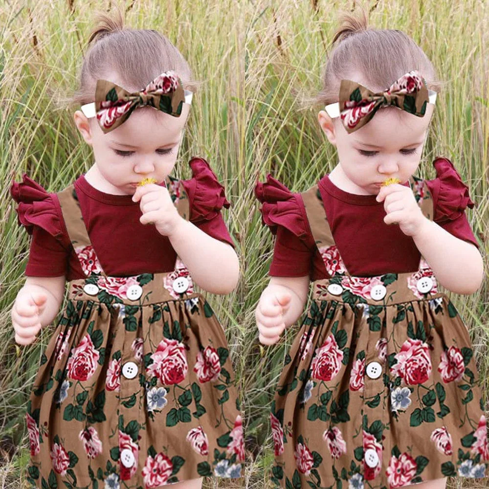 Комплекты одежды для маленьких девочек однотонные Топы + комбинезоны с цветочным