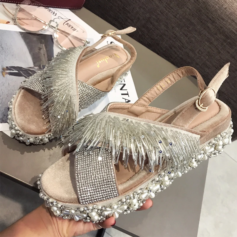 

Moraima Snc 2019 The New String Bead Luxury Bling Crystal Slipper Shoes Woman Summer Outside Dating Beach Slides Handmade Sandal