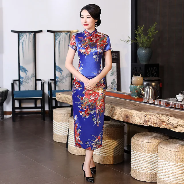 Китайское женское вечернее платье воротник стойка сатиновое Qipao с цветочным принтом вечерние платья большого размера 6XL женское платье Чонсам с длинным рукавом - Цвет: blue flower