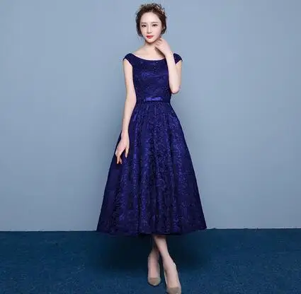 Ladybeauty/Новое поступление, вечерние платья, Vestido de Festa, на шнуровке, длинное платье, кружевное, с бусинами, длиной до середины икры, вечерние платья для выпускного вечера - Цвет: Тёмно-синий