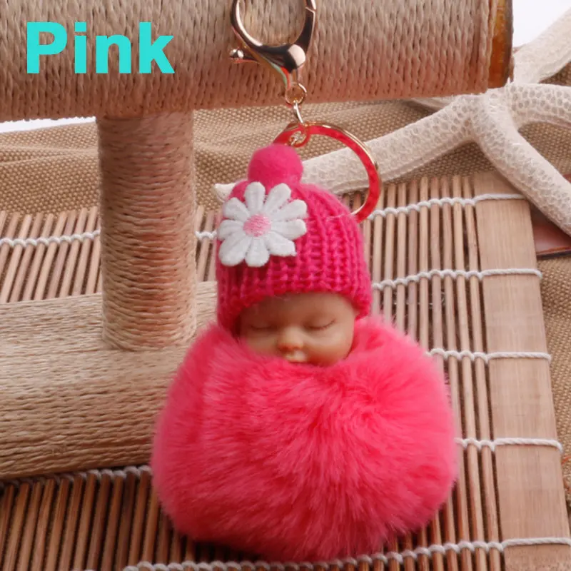 Pink Спящая кукла, брелок с помпоном из искусственного меха, автомобильный брелок, детская игрушка, брелок для ключей, Женский держатель для ключей, сумка, подвеска, ювелирное изделие, подарок - Цвет: Pink