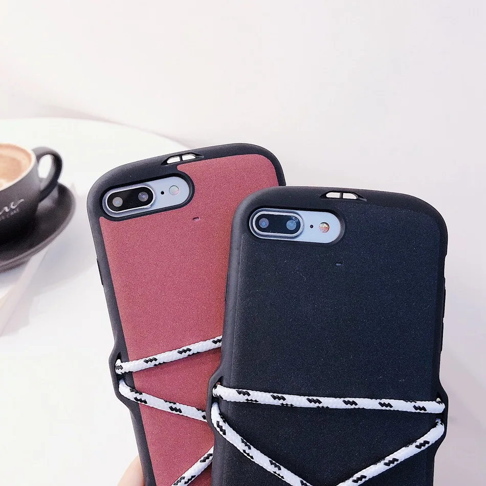 Fashion Lanyard Matte Phone Case For iPhone 7 Plus 6s 8 X XR XS MAX Simple Solid Color Soft TPU Multifunctional Back Cover |