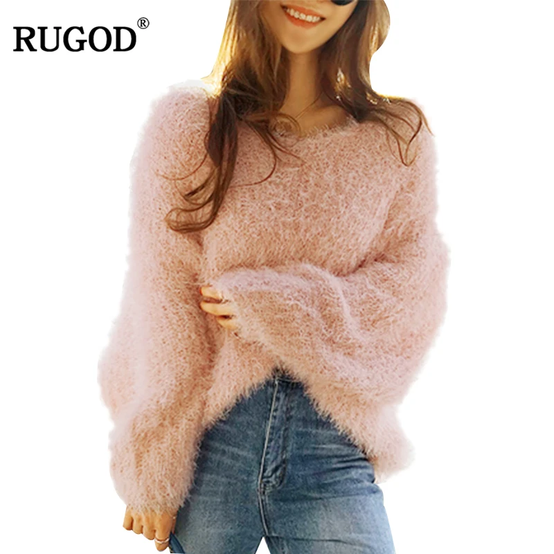 RUGOD 2019 Autumn Winter Loose Sweater Fashion V-Neck Lantern Sleeve Soft Plush Pullover Ladies befree Women harajuku | Женская одежда