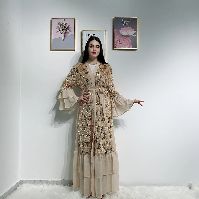 Sequin кимоно с бахромой Abaya Дубай Кафтан Ислам Мусульманский хиджаб платье Абая для