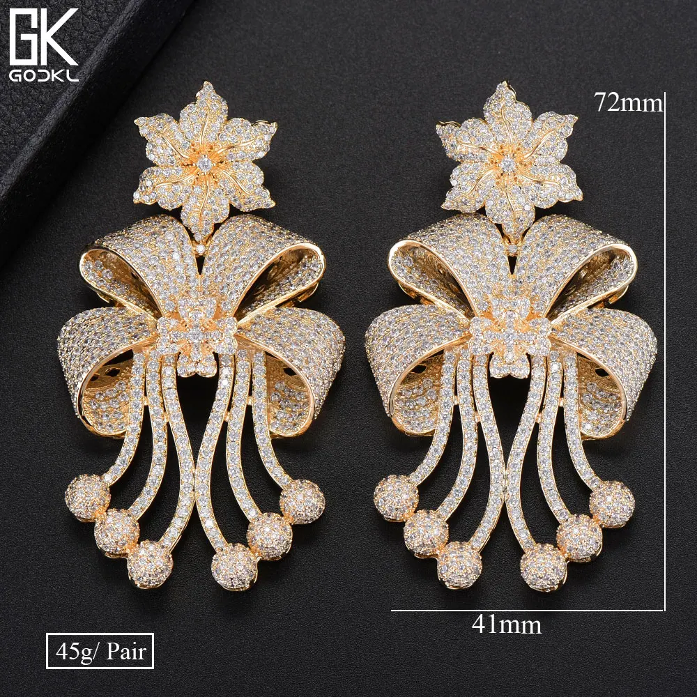 GODKI 72mm Trendy Luxury Bowknot Tassels Nigerian Long Dangle Earrings For Women Wedding Zirconia CZ Dubai Bicolor Earring | Украшения и
