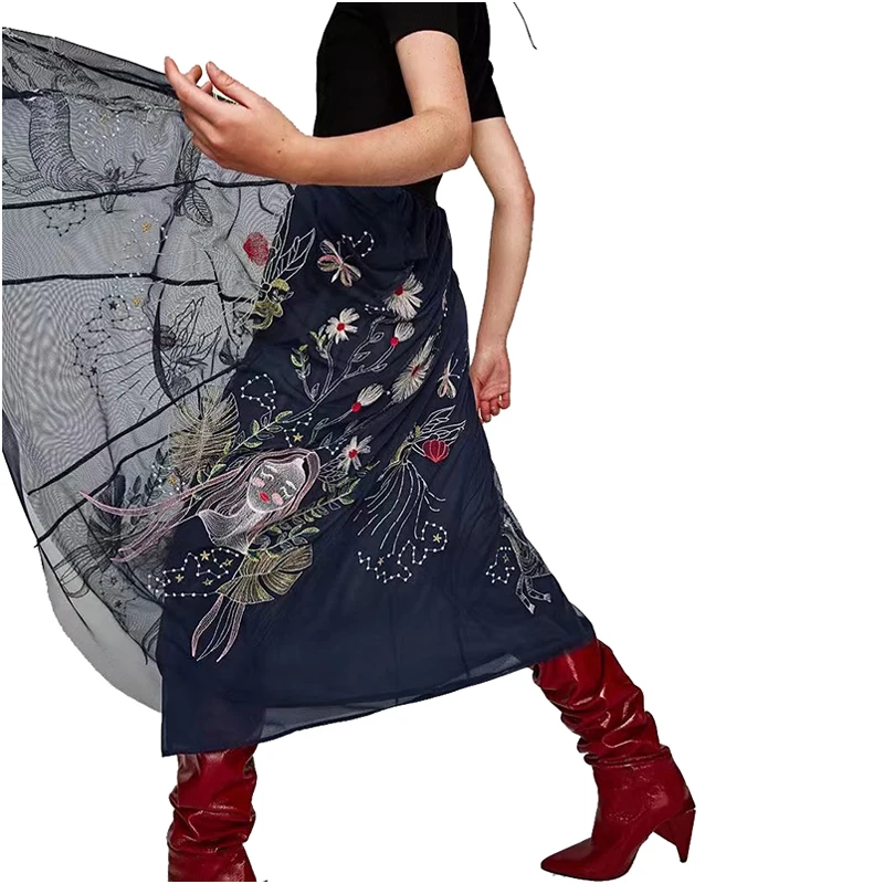 NYMPH Women Vintage Skirts 2017 Summer Boho Elegant High Waisted Floral Embroidered Mesh Overlay Midi A Line Plus Size | Женская одежда