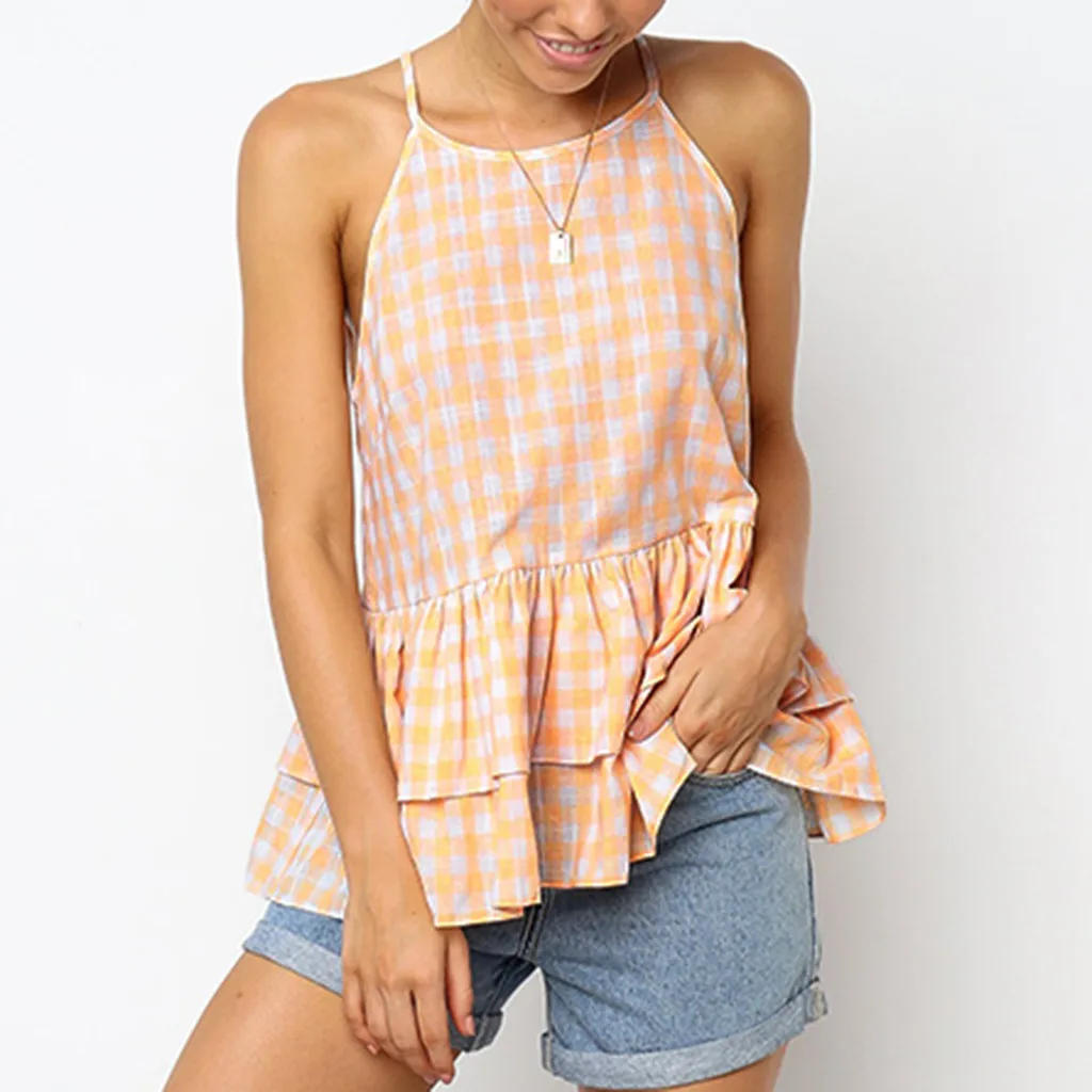 Sexy Tops Women Casual Plaid Ruffles Short Sleeveless Tank Top T Shirt Vest Blouse Camisole Clothing Summer Beach |