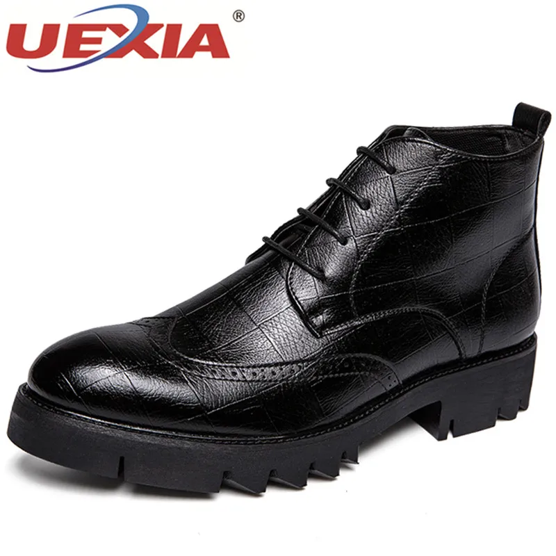 UEXIA мужские досуг черные лакированные кожаные туфли дышащая обувь на платформе