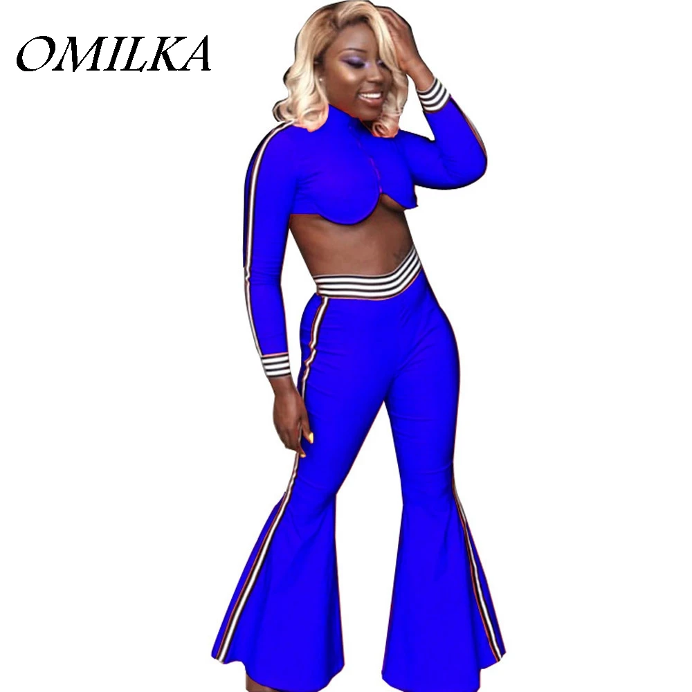 

OMILKA 2018 Summer Women Long Sleeve O Neck Side Striped Crop Top and Long Pant Set Sexy Blue Orange 2 Piece Clothing Set