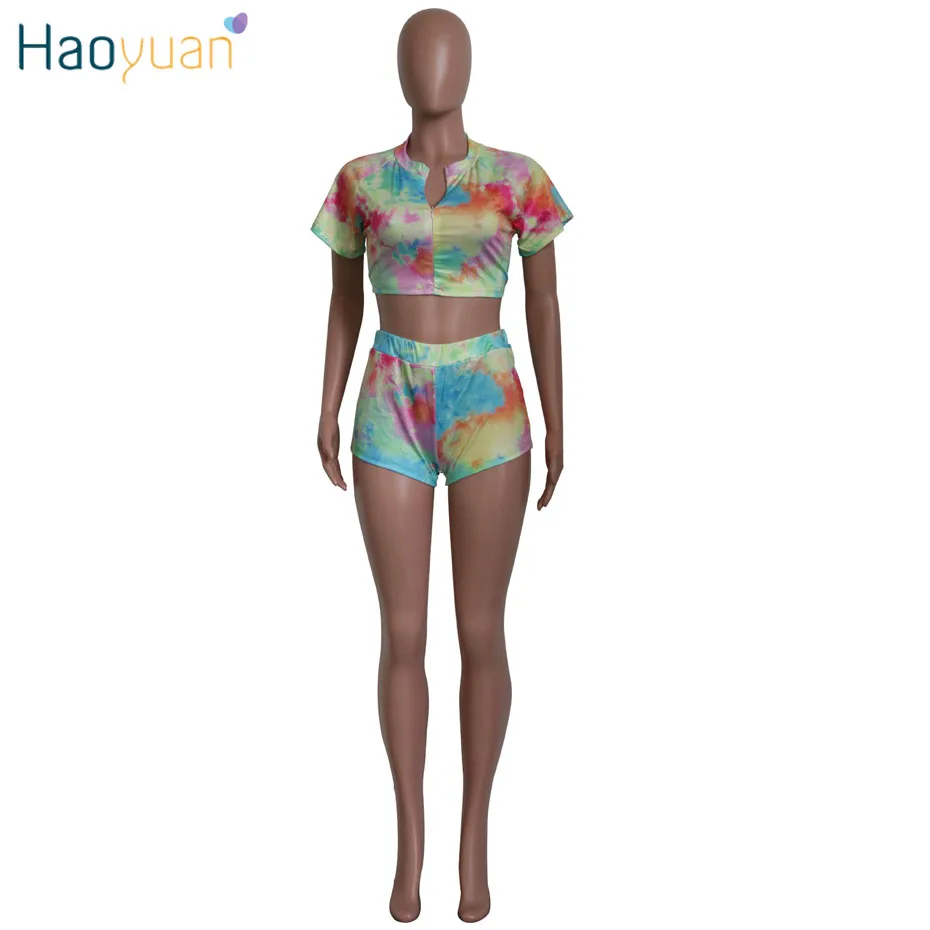 HAOYUAN, сексуальный комплект из двух предметов, спортивный костюм, укороченный топ+ байкерские шорты, комплект из 2 предметов, Клубная одежда, летняя одежда для женщин - Цвет: Многоцветный