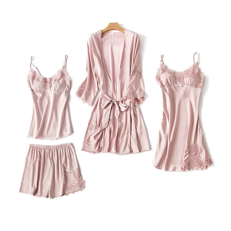Pajama Sets 4 piece Ladies Sexy silk Tops+ short Pants Night Women Nighties Nightwear Homewear women set big size Lace vintage