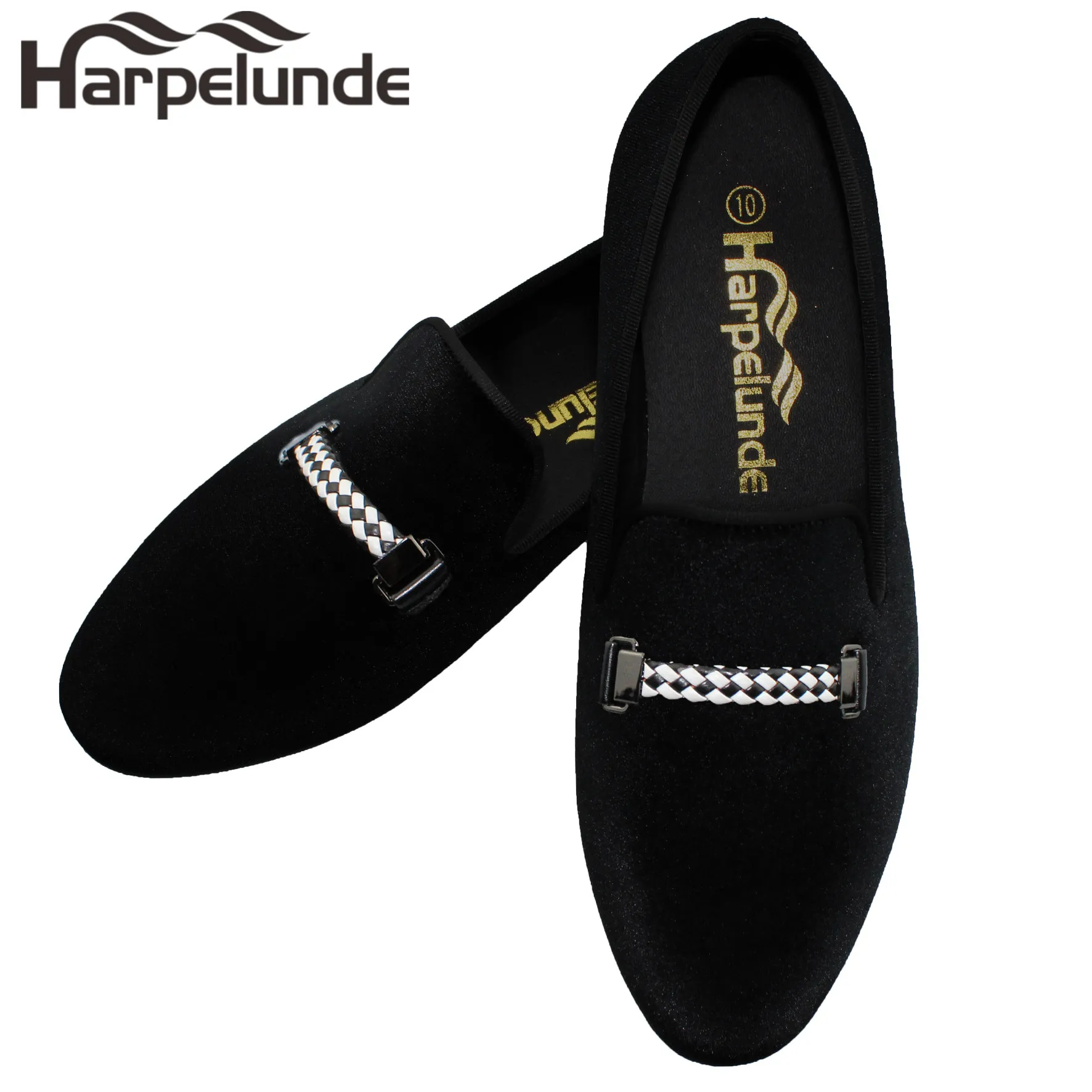 

Harpelunde Men Even Shoes Black Dress Velvet Loafers With Woven Buckle