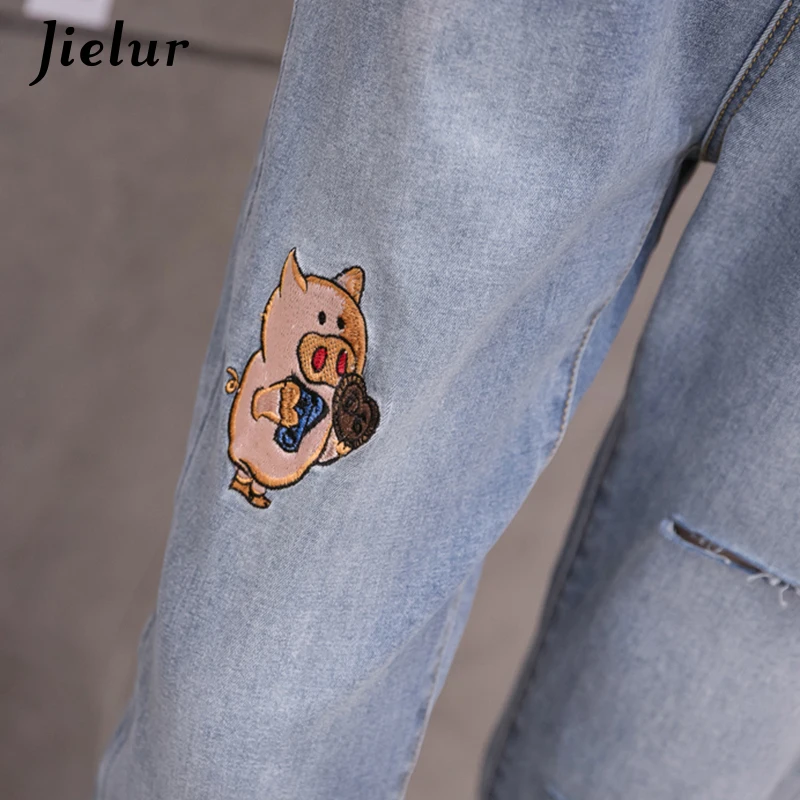 

Jielur Korean S-5XL Oversized Blue Jeans Women Loose Holes Drawstring Trousers Fashion Cute Cartoon Pig Embroidery Jeans Female
