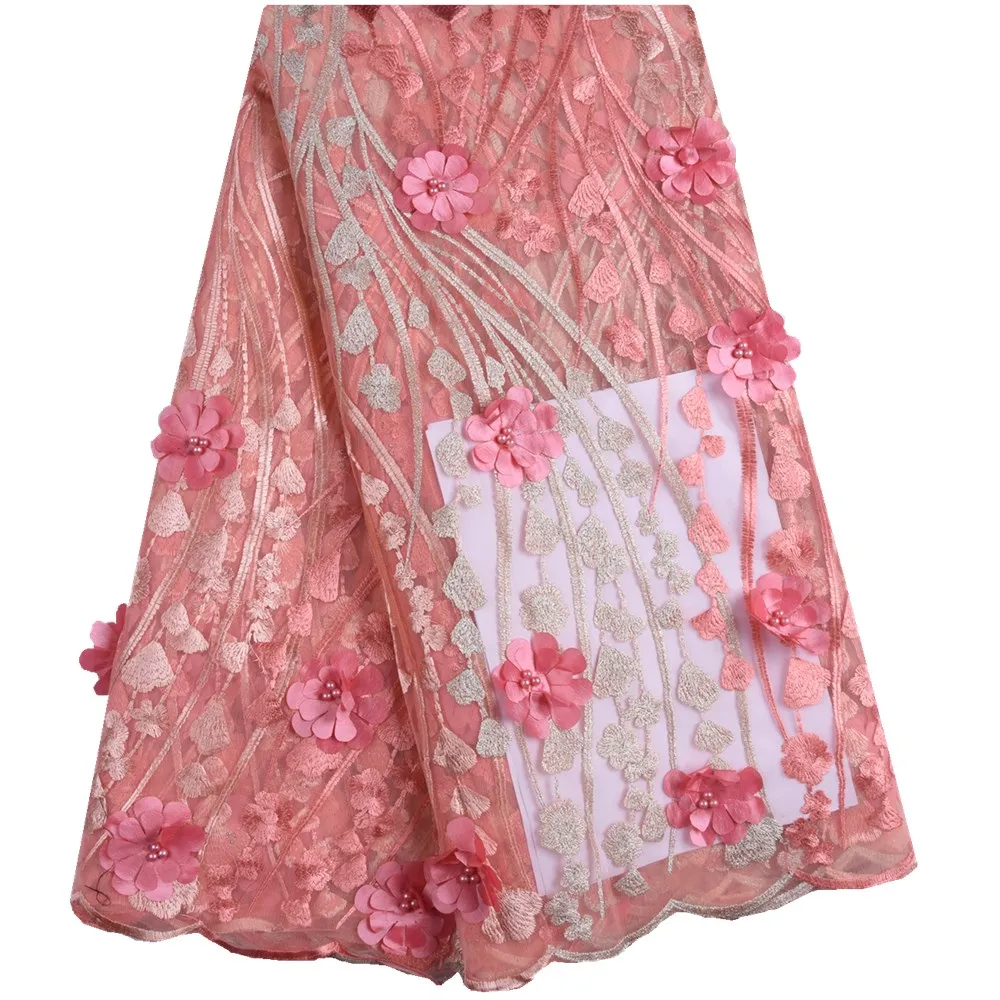 

2018 New Style Peach French Net Lace Fabric 3D Flower African Tulle Mesh Lace High Quality Nigeria Lace Fabric For Wedding S1392
