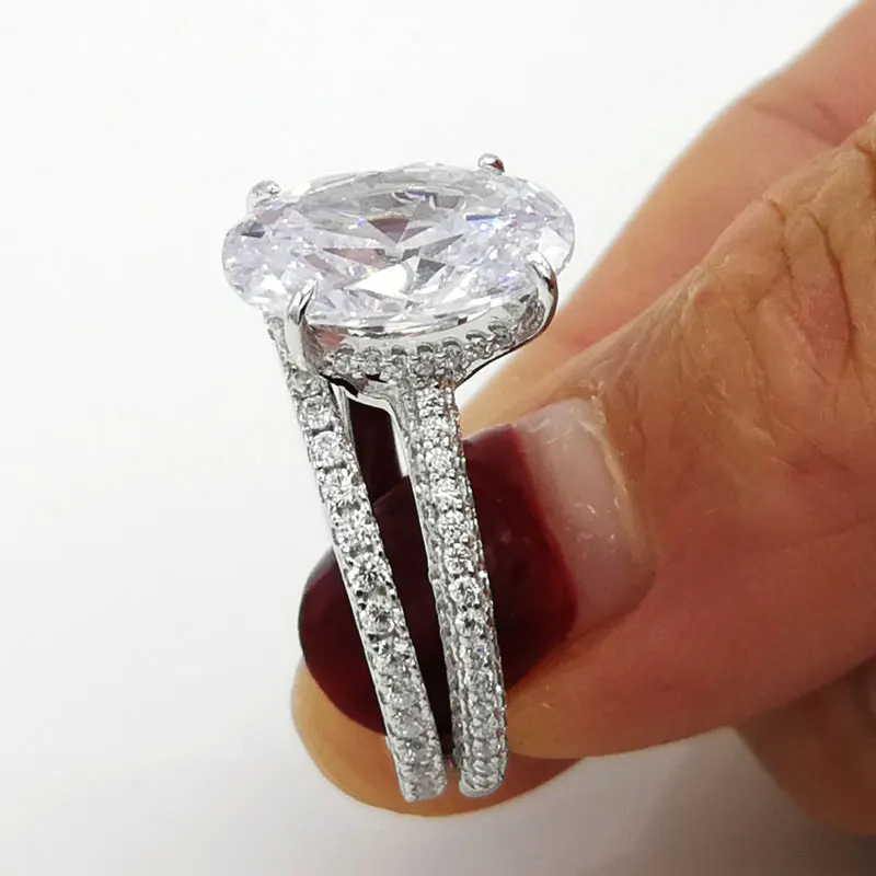 

COLORFISH Luxury 5ct Oval Sona Engagement Ring Set Jewelry For Women 2 Pcs Solid 925 Sterling Silver Women's Wedding Ring Sets
