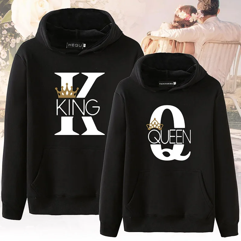 «KING», «QUEEN» K Q Парные толстовки Для женщин в виде королевской короны из принтом толстовки с капюшоном Женский пуловер Топы
