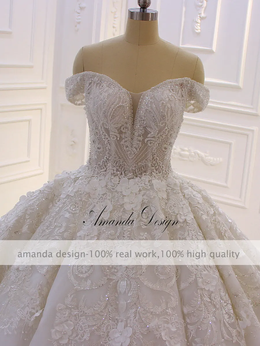 Robe mariage с открытыми плечами короткий рукав кружева аппликации 3D цветок роскошное свадебное платье