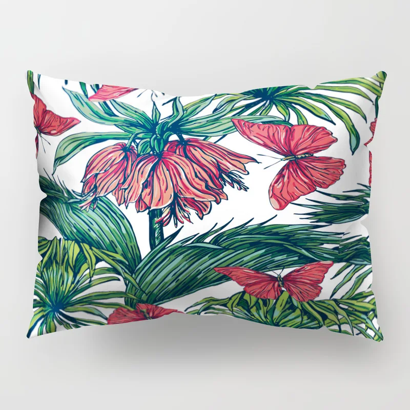 Наволочка для подушки с тропическими растениями листьями фламинго бабочкой