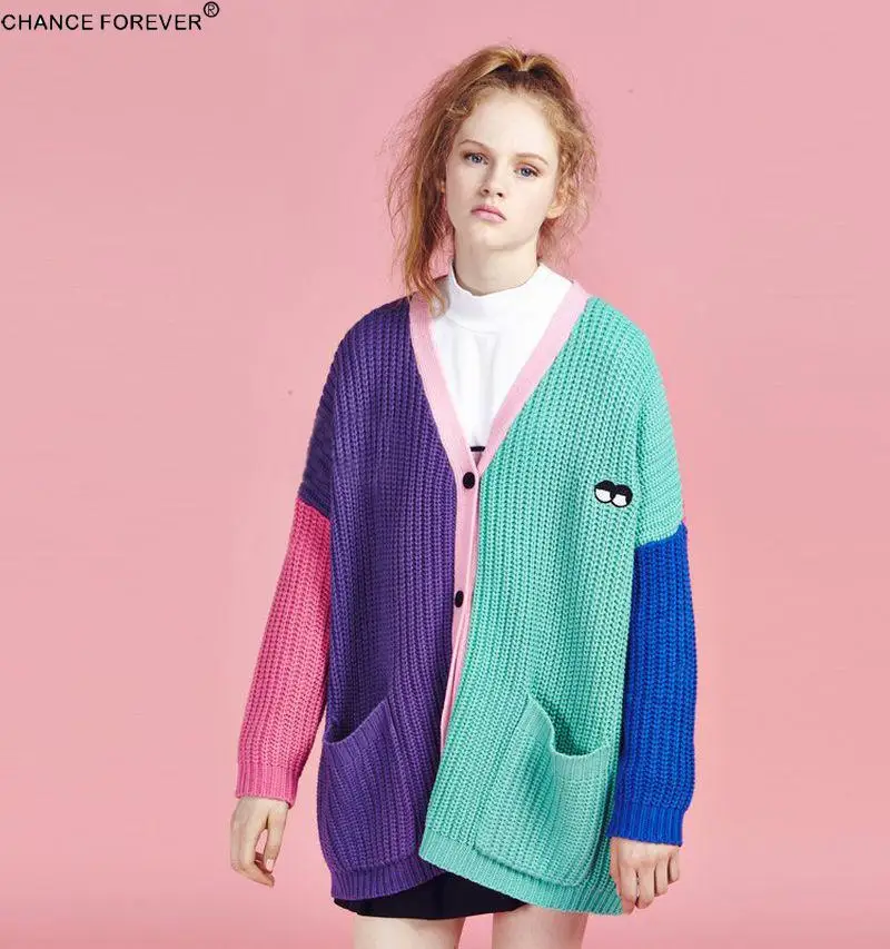 Vintage lazy oaf cropped sweater Cardigans rainbow block patchwork Button Folk Embroidered cardigan vintage knitted Winter |