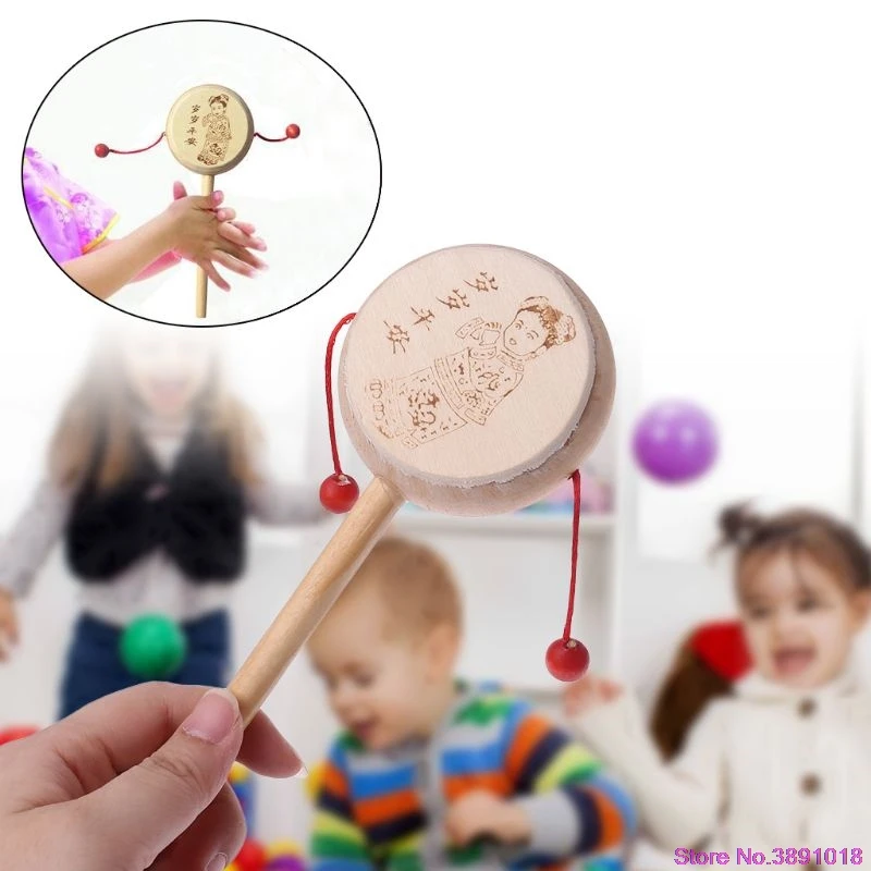 New Wood Cartoon Chinese Traditional Spinning Rattle Drum Hand Bell Baby Musical Toy